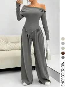 Women's Solid Off Shoulder Asymmetrical Tee & Elastic Waist Pants Two-piece Set, Casual Fashion Cozy Long Sleeve Ribbed Top & Lettuce Trim Trousers for Daily Outdoor Wear, Womenswear