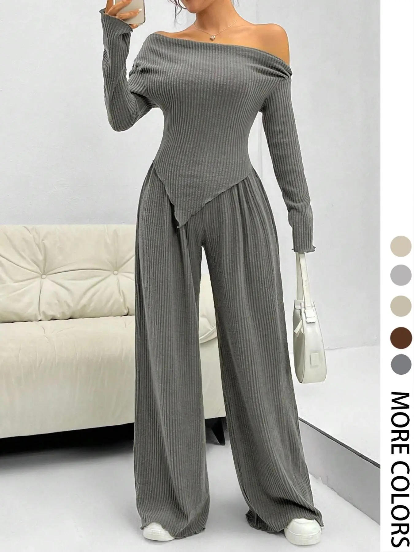 Women's Solid Off Shoulder Asymmetrical Tee & Elastic Waist Pants Two-piece Set, Casual Fashion Cozy Long Sleeve Ribbed Top & Lettuce Trim Trousers fo