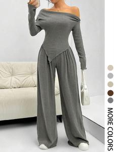 women's solid off shoulder asymmetrical tee & elastic waist pants two-piece set, casual fashion cozy long sleeve ribbed top & lettuce trim trousers for daily outdoor wear, women's clothing for spring & fall, womenswear, summer 2 piece set
