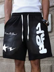 Unisex 'keep It Real' Slogan Star Lightning Graphic Print Shorts, City Street Style Loose Fit Casual Sporty Comfy Shorts, Urban Fashion Bottoms, Streetwear