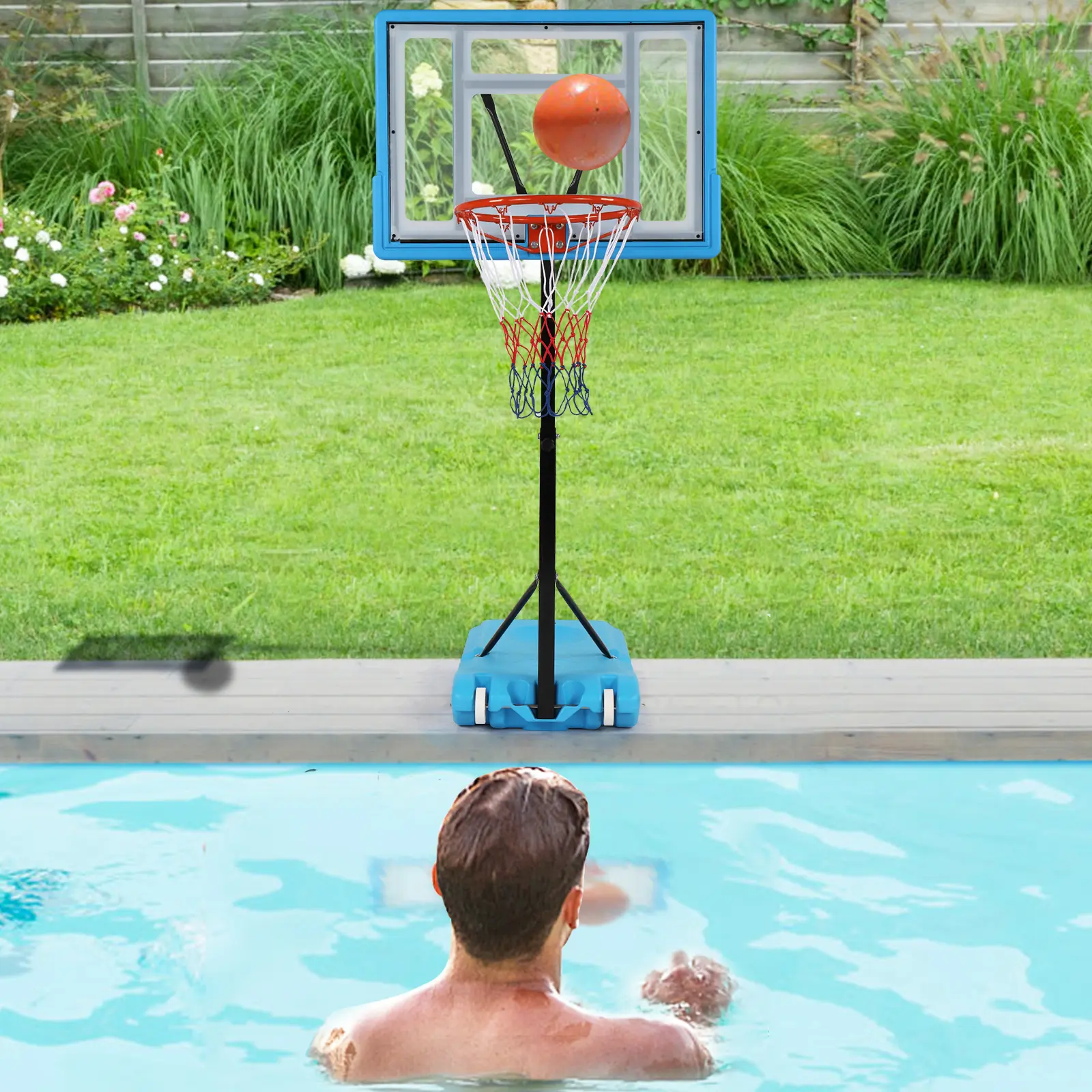 Poolside Basketball Hoop for Kids and Adults, Adjustable Height 45-53" Swimming Pool Portable Stand with Fillable Base, Transparent PVC Board, Nylon Components