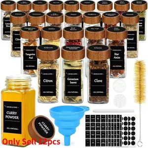 12-Pack Set 4oz Acacia Wood Square Spice Jars with Glass Condiment Containers and Lids, Home Organization, Kitchen Storage, Food Supply