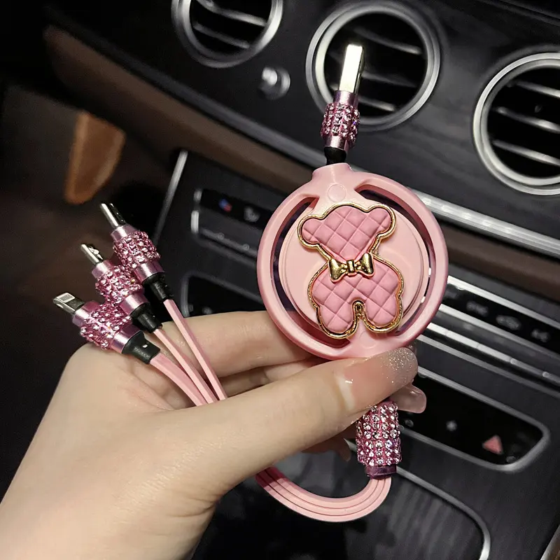 3-in-1 Car Charger Data Cable with Rhinestones, Cute Ballet Girl & Bowknot Bear Design, Fast Charging Supported Girly Bling Accessories for Car USB Charger