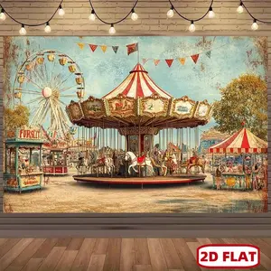 1pc 2D Flat Vintage Carnival Backdrop with Carousel, Ferris Wheel & Bunting - Retro Party Decor for Weddings, Birthdays, Events - Polyester Fabric Banner, Multiple Sizes, Birthday Celebration,