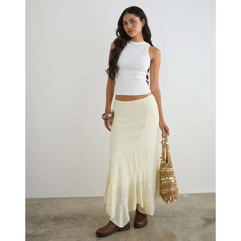 Motelrocks Women's Rombe Skirt - Butter Yellow Crinkle Maxi with a Flowy Waterfall Hemline and Full Lining