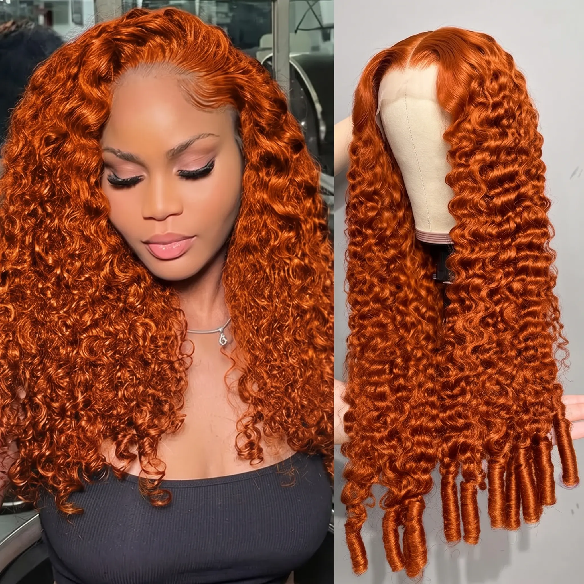 Ginger Burmese Curly Wig Human Hair 180% Density 13x6 Ginger Orange Lace Front Wigs Human Hair 10A Wig Pre Plucked Bleach Knots 350 Colored HD Transparent Lace Frontal Wigs for Women