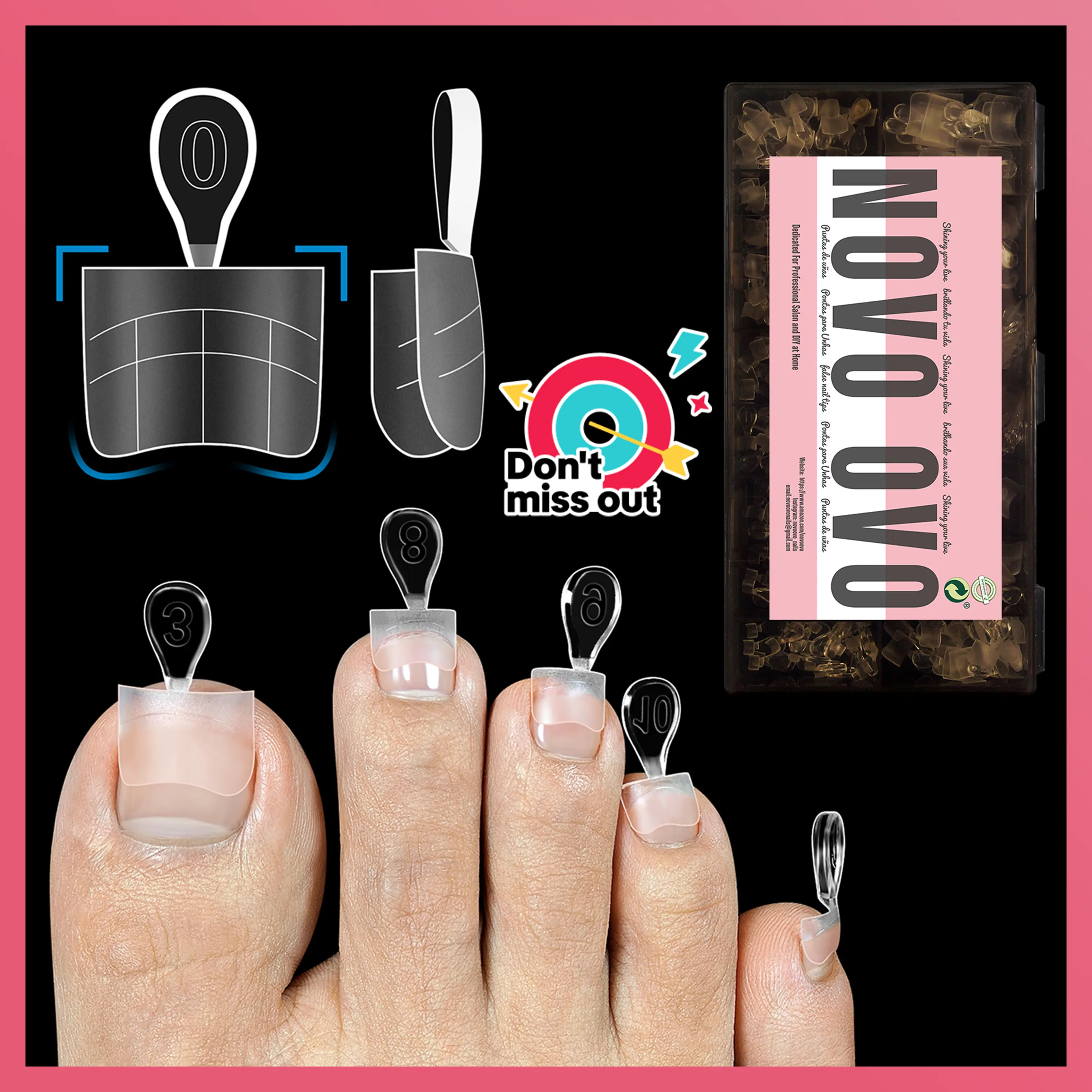 NOVO OVO Press on Toe Nail Tips, 300 Pcs Flexible Soft Gel Nails with Guiding Line, Sharp Square Medium Half Cover for Salon & DIY Pedicure, Gel Acrylic Nails, Beauty Products