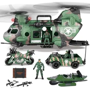 10-in-1 Military Helicopter Toys Set with Light, Sound, Trucks, Boat, Bike, Army Men, Weapons - Christmas Birthday Party Gifts for Kids