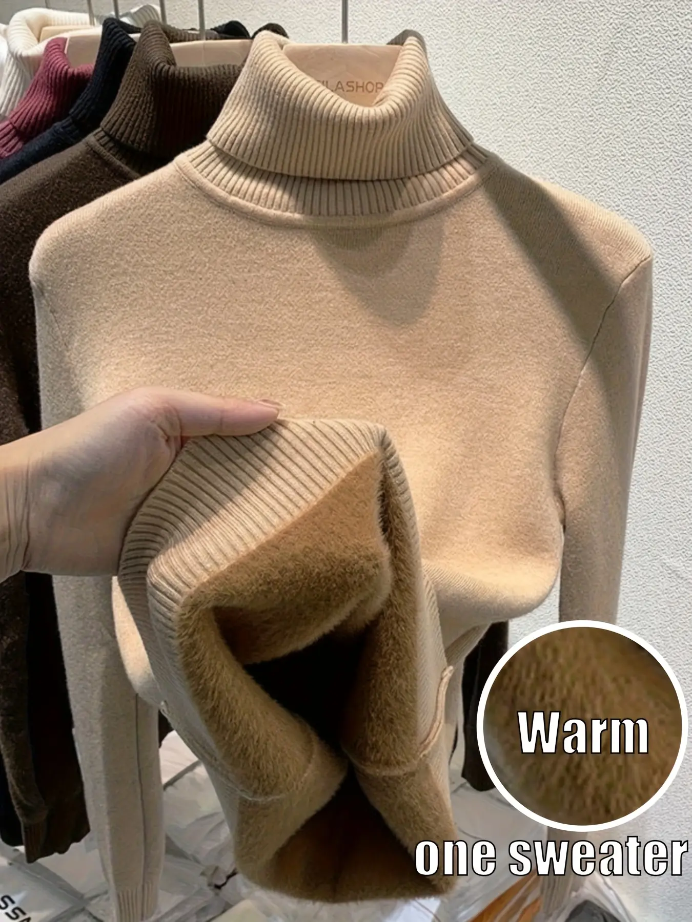 Women's Fleece Lined Turtleneck Sweater, Thick Thermal Knitted Pullover, Warm Velvet Inside Jumper for Winter, Slim Fit Base Layer Top