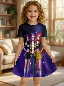 Girls Summer K-POP Girl Group Print Dress, Kids Purple Black Starry Sky Crew Neck Short Sleeve A-Line Dress