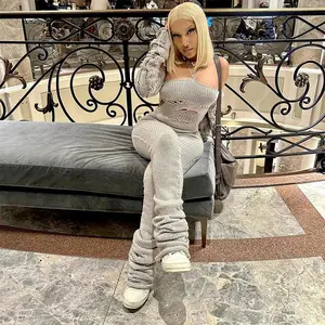 Knitted Halter Shaggy Sleeves Backless Knitwear Skeleton Hollow Slim Pencil Jumpsuit Women Harajuku Casual Suit Womenswear Overalls jumpsuit jumpsuits for women overalls jumpsuit jumpsuits for women overalls