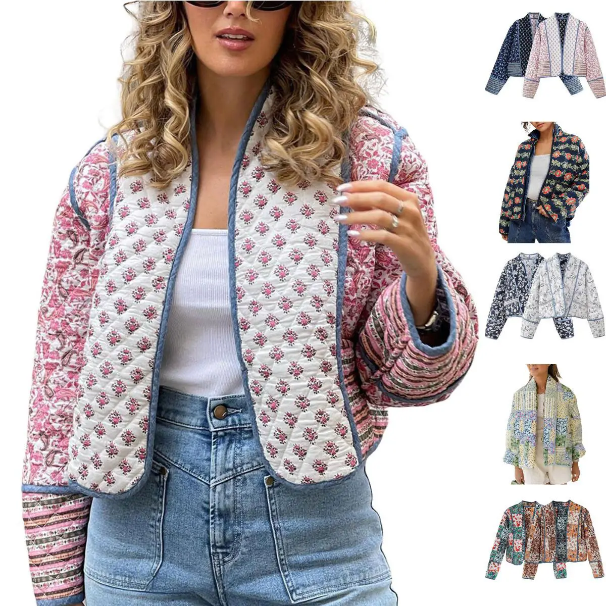 Yeokou Women's Cropped Puffer Spring Jacket Floral Print Long Sleeve Padded Quilted Puffy Cardigan Coat