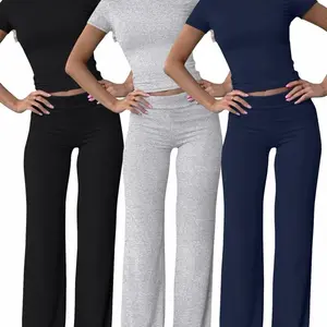Women's Solid Tee & Flare Leg Pants Set, Casual Comfy Round Neck Short Sleeve Tee & Bell Bottom Trousers for Daily Wear, Ladies Summer Clothes