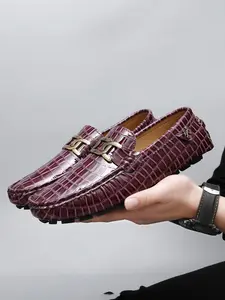 Men's Formal Shiny Crocodile Pattern Leather Shoes, Choose Lace-Up or Slip-On, Office, Multi-Season Universal, Luxurious Feel, Comfortable Thick Sole