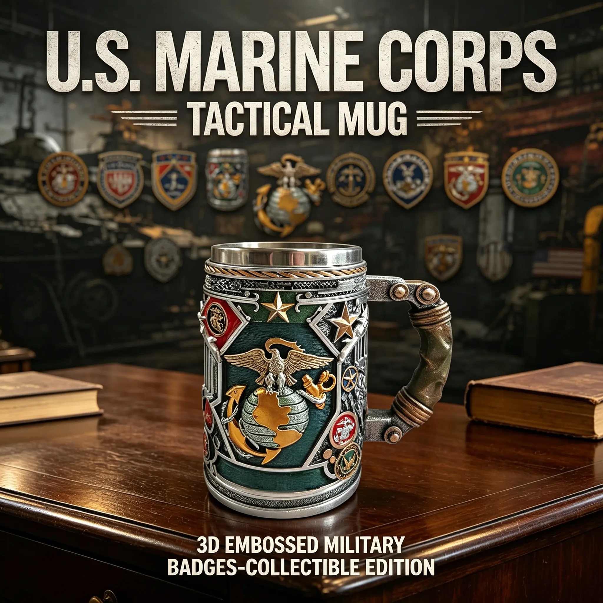 US Marine Corps Gift  3D Tactical Mug Stainless Steel Tankard for Veteran Dad Husband Military Fans Collectible