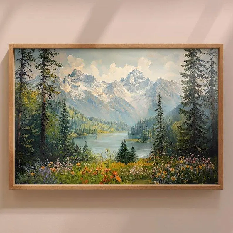 [ SALE UP TO 45% ] Pacific Northwest Mountain Wildflowers Landscape Painting, Vintage Landscape Art Print, Washington Wall Art, Botanical Art Poster