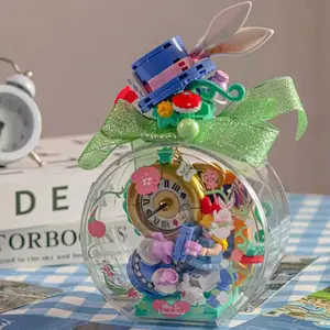 Fairy Tale Rabbit Tea Party Building Blocks Set, Gift Hat Clock, Desktop Decoration for Girls Friends, Cute Toy for Kids