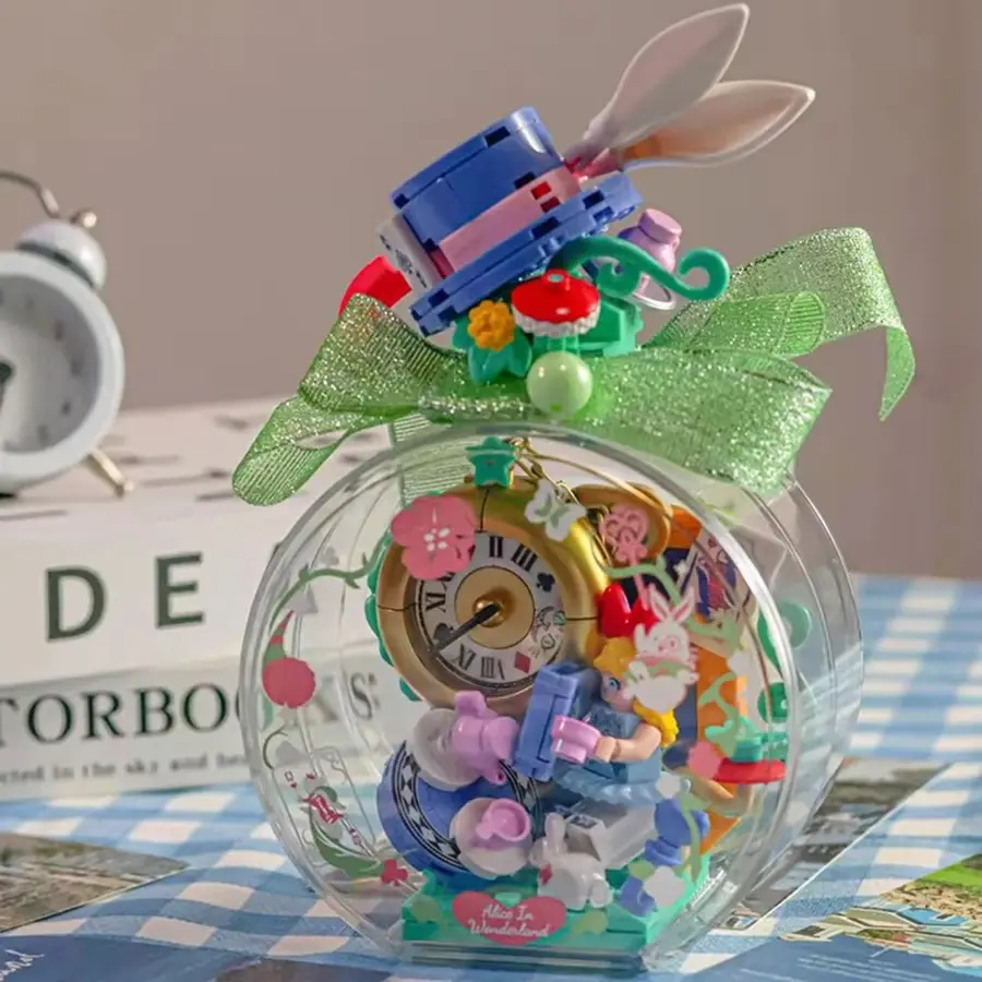 Fairy Tale Rabbit Tea Party Building Blocks Set, Gift Hat Clock, Desktop Decoration for Girls Friends, Cute Toy for Kids