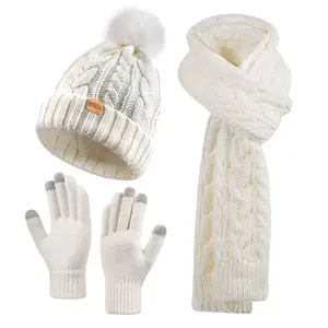 3PC Womens Winter Knit Hat Scarf and Gloves Set Fleece Lined Pom Pom Beanie Long Knit Scarf and Touchscreen Gloves Chic Warm Christmas gift sets