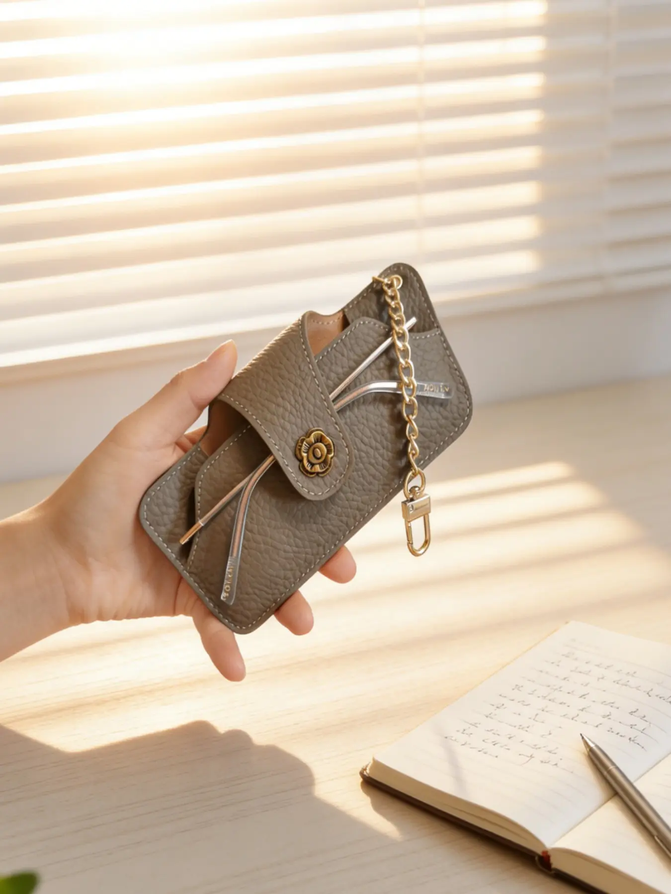 Women's Alligator Leather Glasses Case, Camellia Hardware Buckle Closure, Multifunctional Design, Includes Keychain, Eyeglasses Holder, Glasses Storage