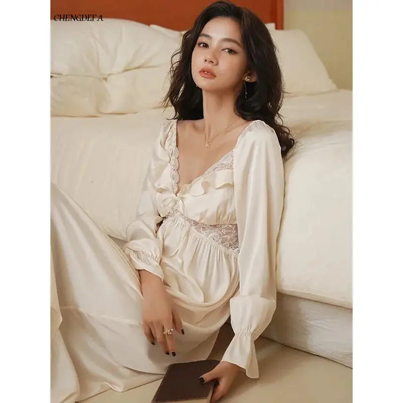 Women's Elegant Victorian Nightgown, Comfortable French Vintage Silk Loungewear with Long Sleeves and Ruffled Lace, Nightie, Lady, Soft, Sleepwear, Female, Silk Fabric, Fairy, Nightwear, Pajama, French Touch