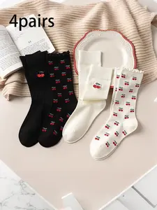 4 Pairs Women's Mid-Calf Socks, Cute Cherry Pattern, Soft Warm Crew Socks, All-Season Fitted Socks, Casual Style, Perfect for Daily Wear, Womenswear, Cherry Print