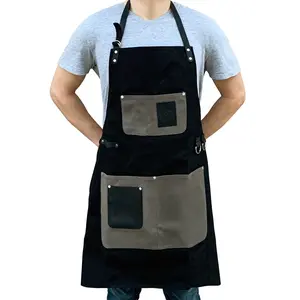 Waxed Canvas Apron With Leather Accents - Black chef apron canvas apron Adjustable Cross-Back