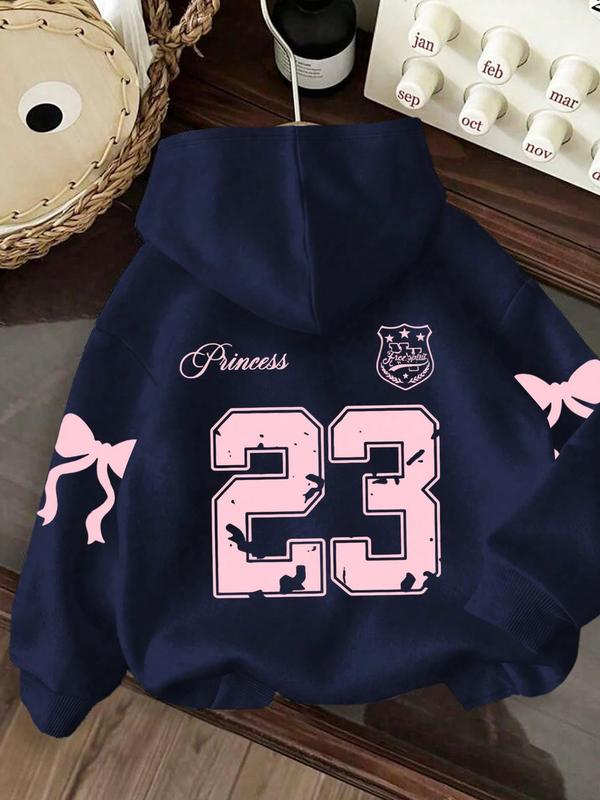 Women's cool and cute trendy number bow print hoodie, kangaroo pocket, drawstring hooded sweatshirt, fashionable autumn and winter wear, Graphic Hoodies