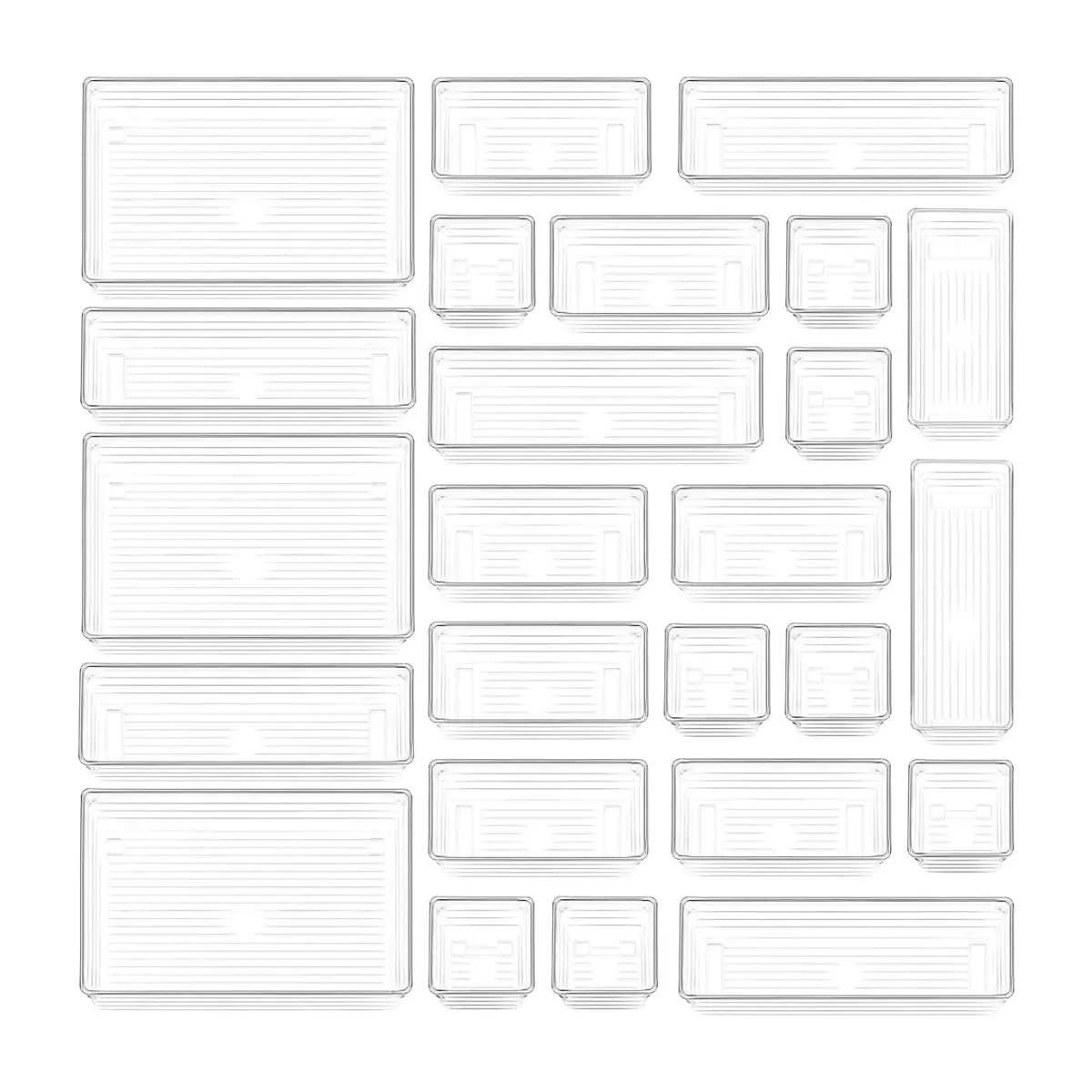 25 PCS Clear Plastic Drawer Organizer Tray for Makeup, Kitchen Utensils, Jewelries and Gadgets