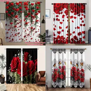 2-piece set of elegant red rose printed curtains with hanging rod bag design, made of semi transparent polyester fabric, perfect for bedroom, office, kitchen, living room and study decoration. Living room curtains, Window Curtain