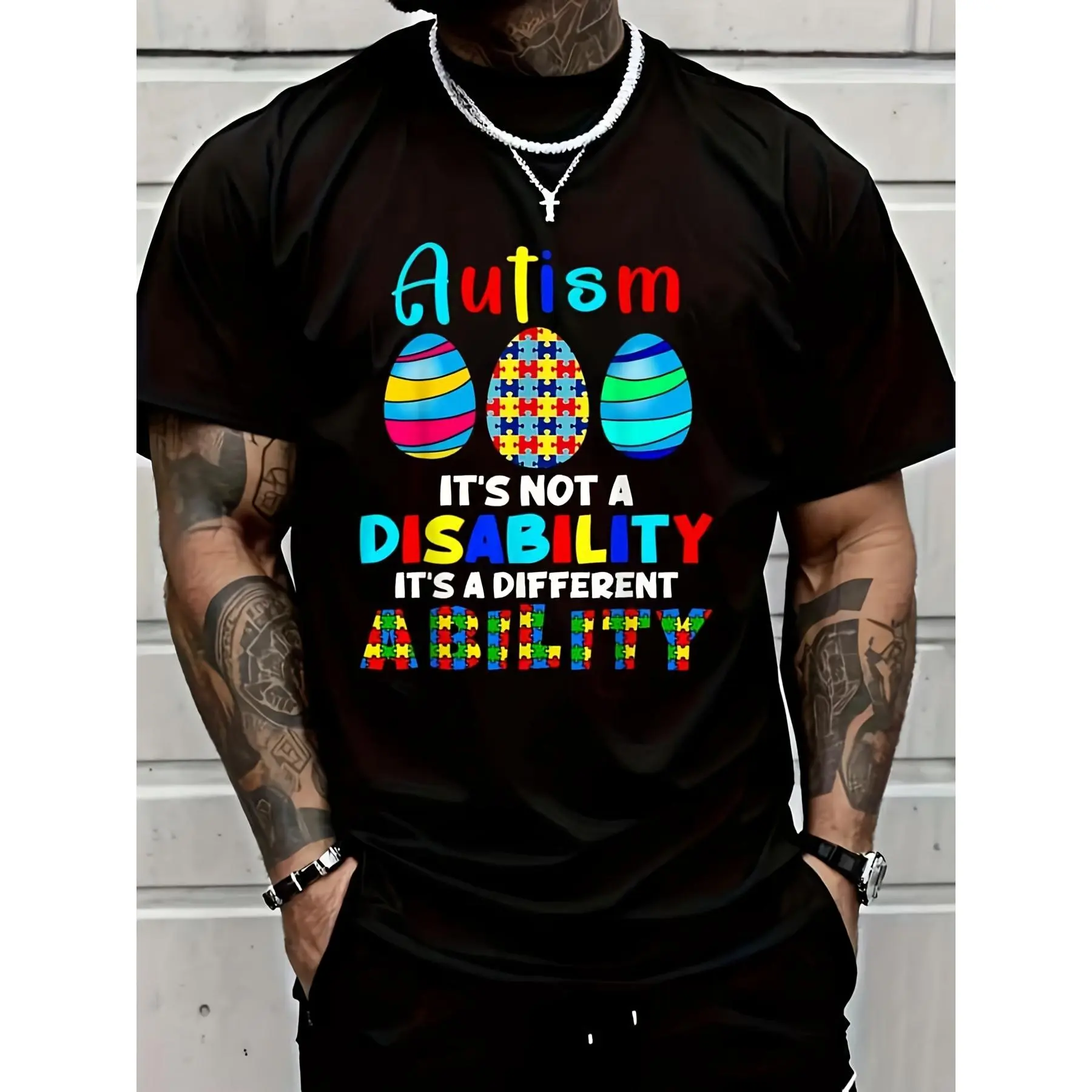 Men's Classic Fit Graphic Print T-Shirt - Autism Awareness Easter Egg, Round Neck Shortsleeve Comfy Cotton Tops, Casual Menswear Soft Breathable Short Sleeve Tee, Classic Crew