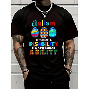 "Autism Is Not a Disability" Easter Eggs Tee T-Shirt for Men, Autism Awareness Graphic, Soft Breathable Sweat Wicking Cotton, Regular Fit, Machine Washable, Casual Daily Commute & Lounging Wear