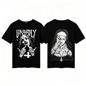 Unholy Nun Graphic Cotton T-Shirt - Edgy Gothic Streetwear for Alternative Fashion Lovers, Bold Dark Art Tee, S-3XL