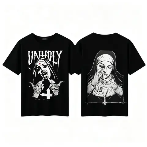 Unholy Nun Graphic Cotton T-Shirt - Casual Short-Sleeve Aesthetics Fabric Edgy Gothic Streetwear, Alternative Fashion Lovers Bold Dark Art Tee, S-3XL