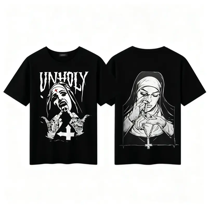 Unholy Nun Graphic Cotton T-Shirt - Casual Short-Sleeve Aesthetics Fabric Edgy Gothic Streetwear, Alternative Fashion Lovers Bold Dark Art Tee, S-3XL
