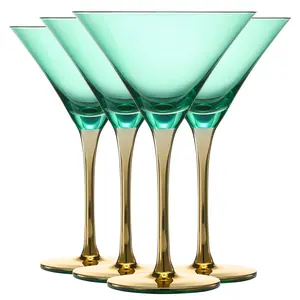 Khen Colored Martini Art Deco Glasses, Gold | Set of 4 | 8 oz Classic Cocktail Glassware for Cosmopolitan, Martini, Bellini, Sidecar, Speakeasy Style Goblets Stems, Vintage Blue, Teal, Green (8 OZ)
