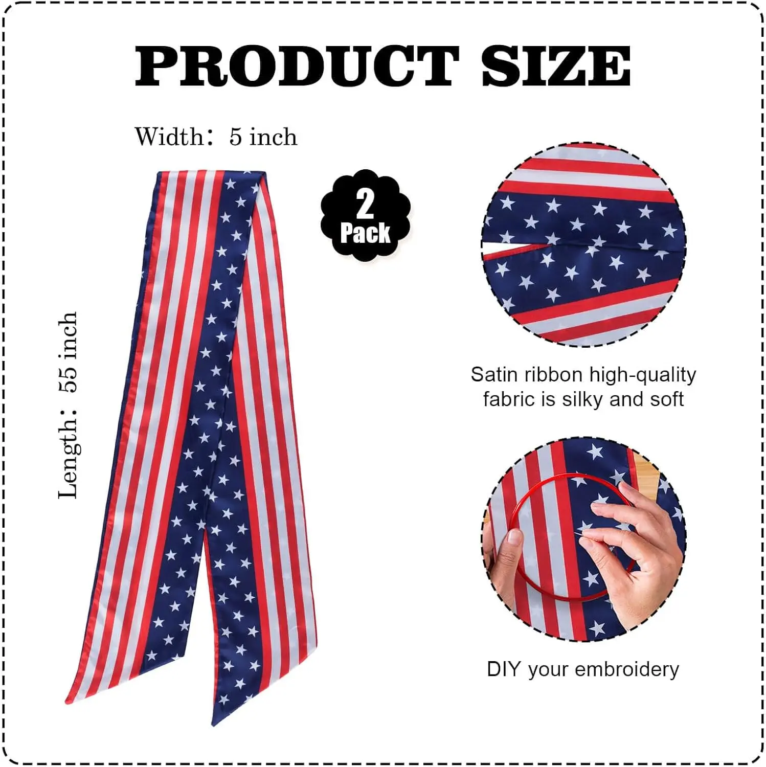 Patriotic Wreath Sash for Front Door, 2 Pack Double Sided Satin 5" W x 55" L, Stars and Stripes American Flag Ribbon for 4th of July Memorial Day Decoration