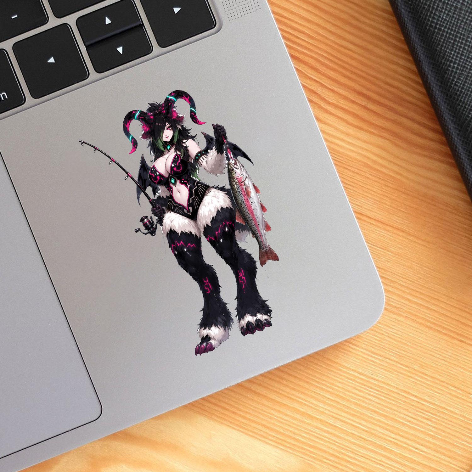 Fantasy Horned Trout Fishing Sticker, Dark Huntress Holding Fishing Rod and Fresh Catch, Bold Outdoor Decal for Laptop, Tumbler, Car or Fishing Gear Fantasy Horned Trout Fishing Sticker, Dark Huntress Holding Fishing Rod and Fresh Catch, Bold Outdoor Decal for Laptop, Tumbler, Car or Fishing Gear