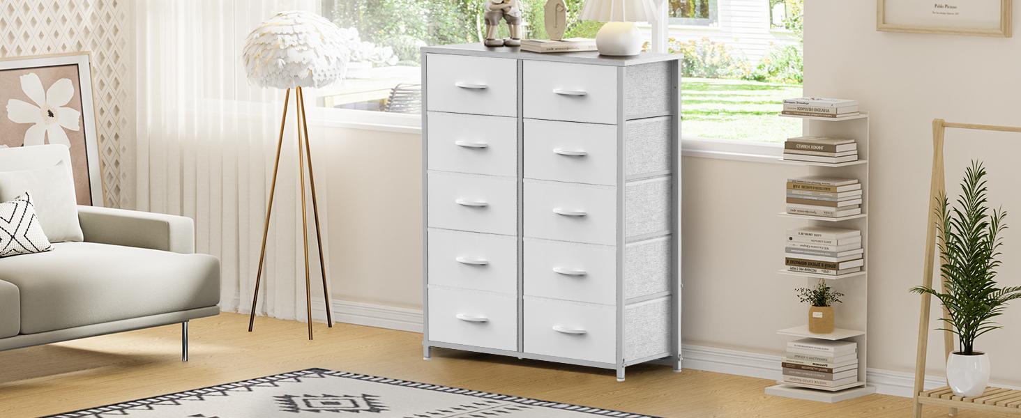 【Deal】Cupboards Cabinets Dresser - Fabric Storage Tower with 10 Drawers, Bedroom Organizer, Chest of Drawers with Fabric Bins