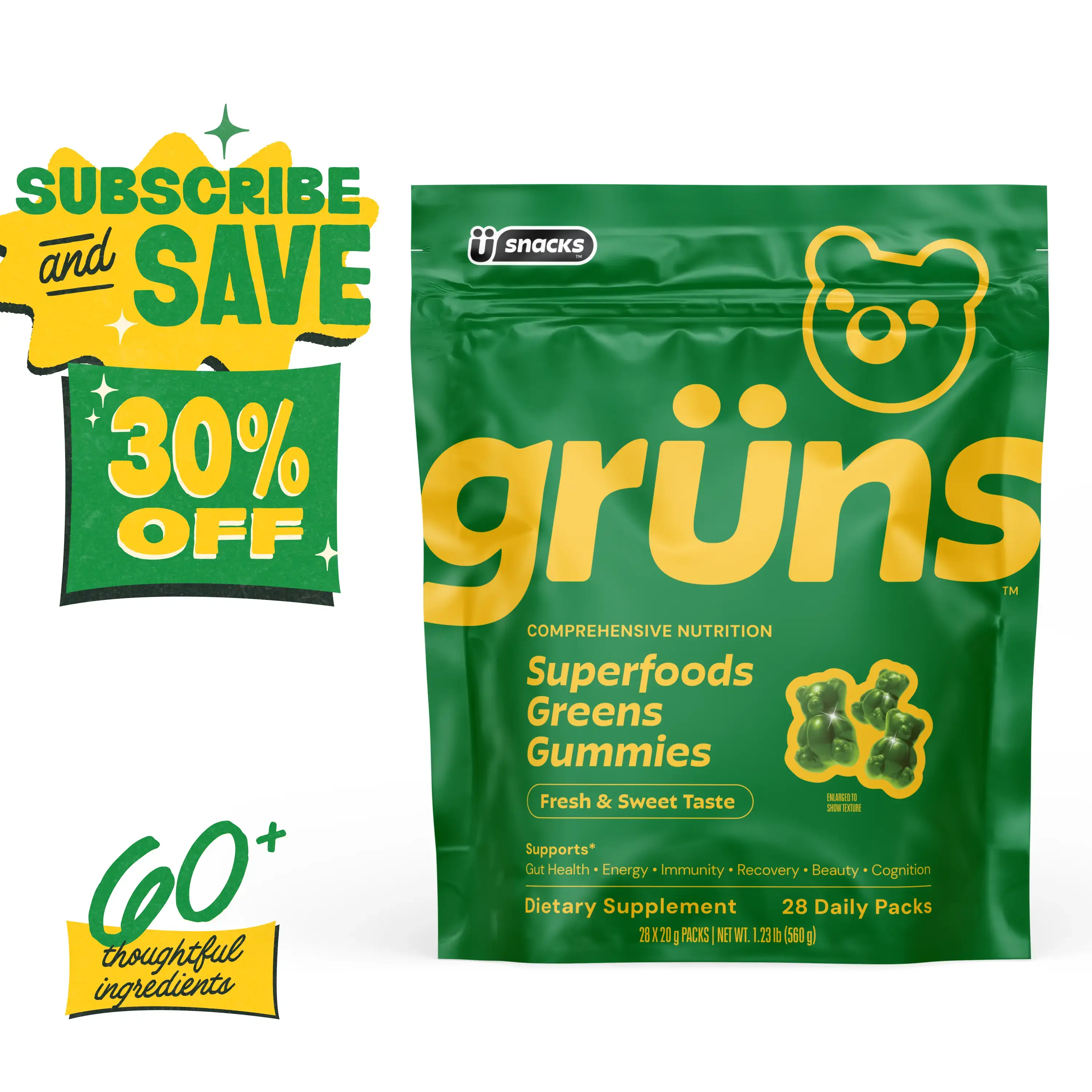 Grüns Superfood Greens Gummies: Comprehensive nutrition supplement with 60+ ingredients: Vitamins and Minerals, Prebiotics for Digestive Health, Adaptogens, Chlorophyll, Chlorella, Fruits and Vegetables, Gluten Free, Vegan, Third Party Tested