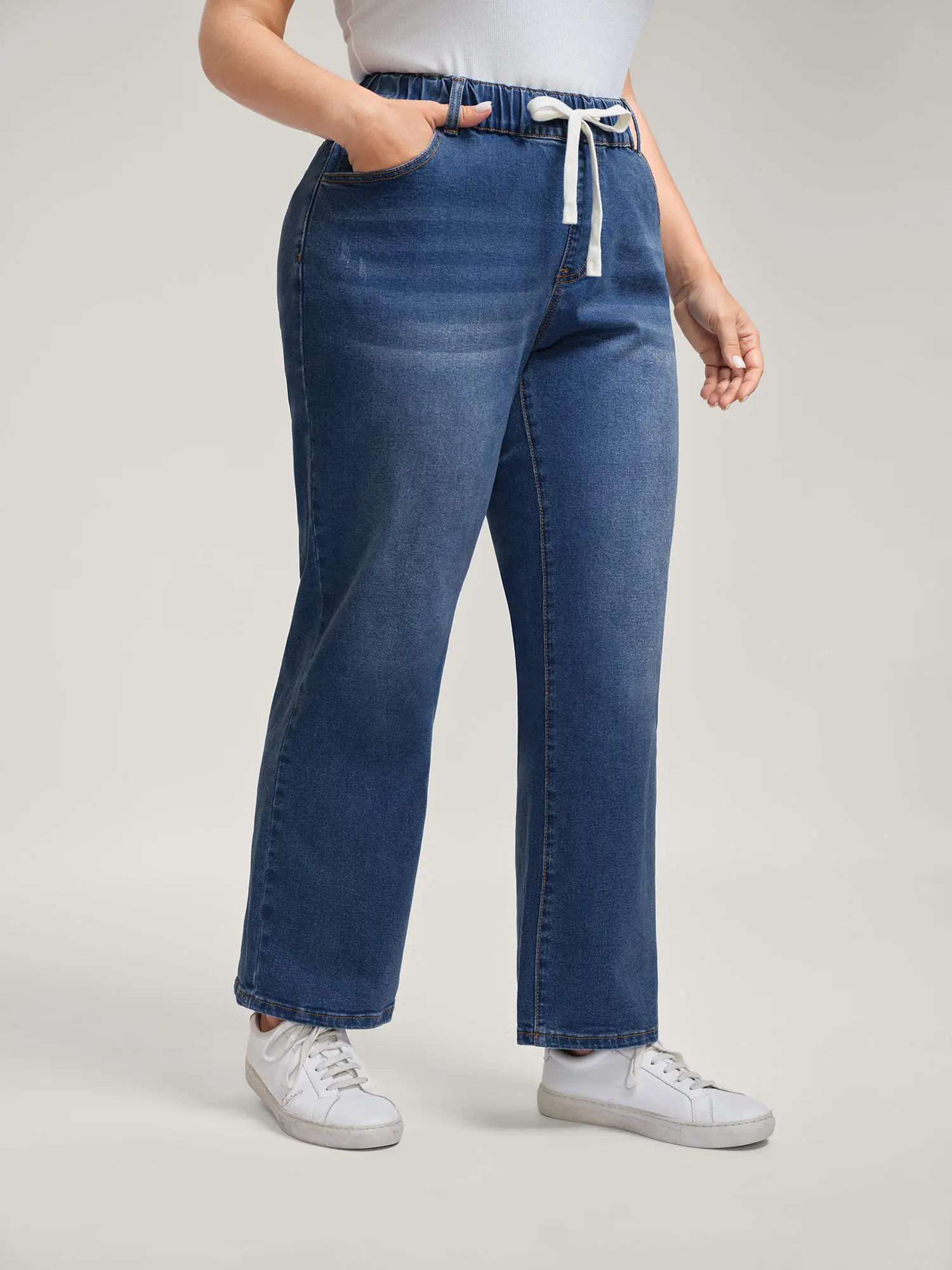 BloomChic Plus Size Casual Straight Leg Jeans, High-Stretch Medium Wash Denim with Tummy Control and Slanted Pockets, Women's Clothes,Summerfinds, Bottom, Pants, Plus Size Clothes, Plus Size Basics