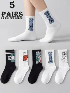 Men Women Unisex Knee High Socks Cartoon Letter Design Skin-Fit Durable Casual Daily Wear Couple