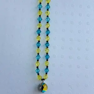 Bahamas Flag Rear View Mirror Beaded Charm with Vibrant Blue & Yellow Beads and Glass Flag Pendant