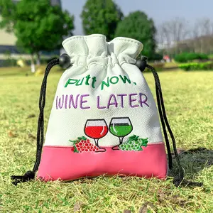 Golf Cuff Drawstring PU Small Ball Bag, Embroidery Waterproof Handheld Waist Bag, Wine Color Golf Accessory