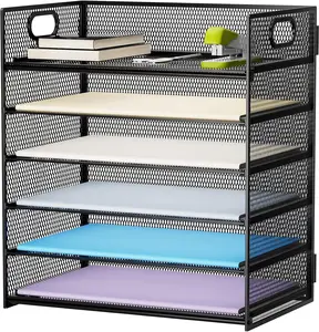 6 Tier Paper Organizer Letter Tray - Mesh Desk File Organizer with Handle, Paper Sorter Organizer for Letter/A4 Office File Folder Holder - Black