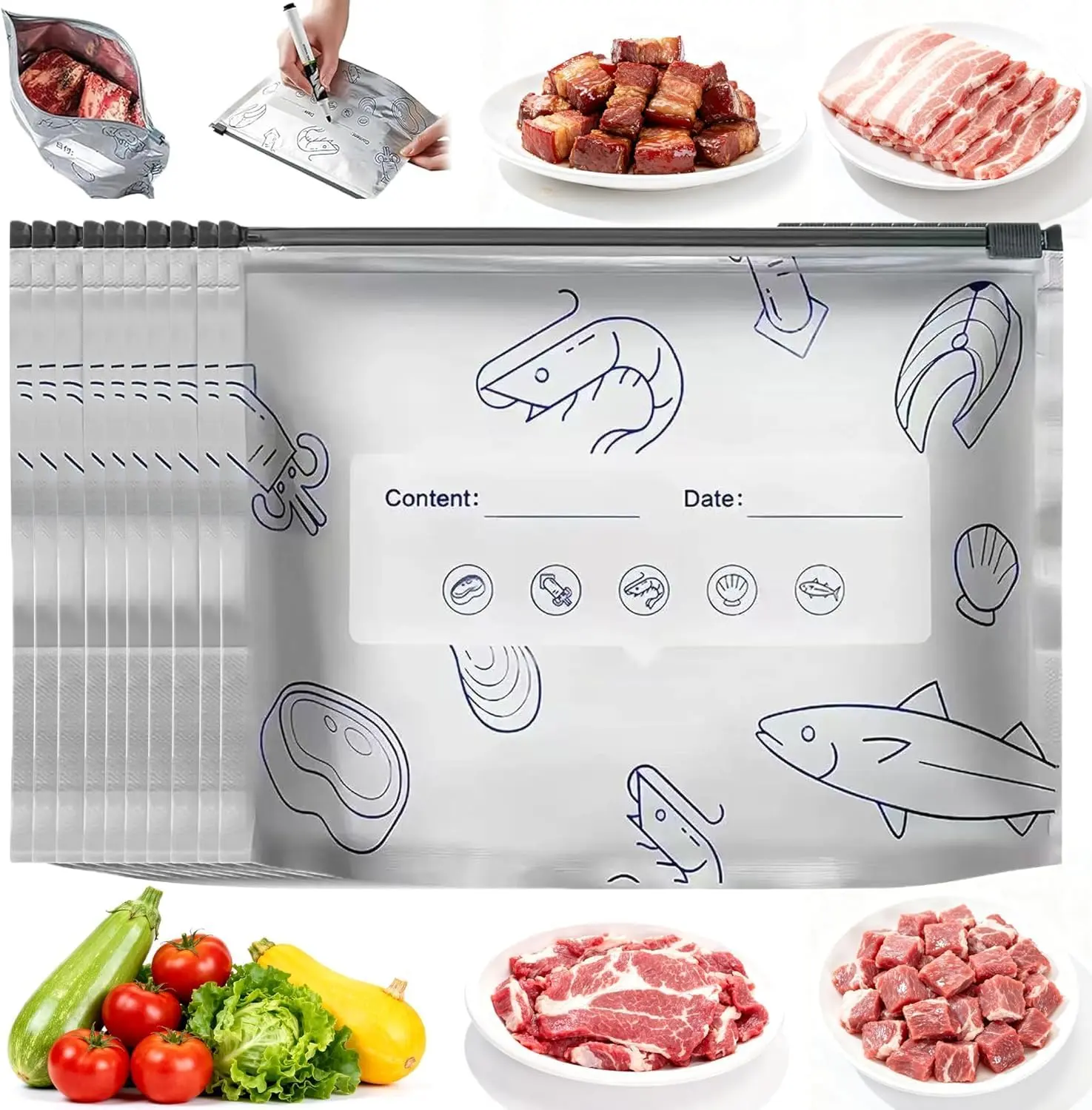 30 Pcs Reusable Aluminum Freezer Bags, Water Proof & Leak Proof Zipper Sealable Bags for Food Storage, Stand Up Foil Freezer Bags with Label & Zip Lock for Vegetable Fruit Meat（S+M+L）