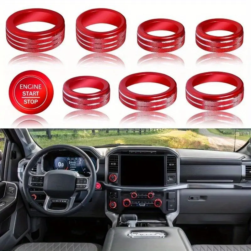 for Ford F150 Accessories 2021 2022 2023 AC Knob Covers, Volume Radio Knob, 4WD Drive Mode, Headlight Switch, Trailer Control Knob Engine Start Stop Button Cover Outer Ring, 9Pcs (Blue), Car Interior Covers, Truck Interior Accessories