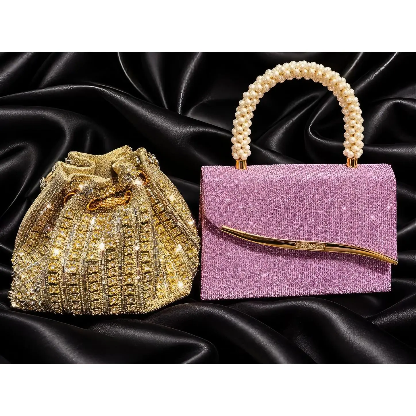 Fancy Purses Bundle - Elegant Gold and Pink Handbags with Pearl Handles for Special Occasions