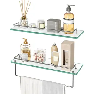 Glass Shelves for Bathroom, 15.7 Inch Floating Glass Shelf for Wall, Set of 2 Tempered Stainless Steel Wall Mounted Stand for Toilet, Room Decor,  SV02BJ01