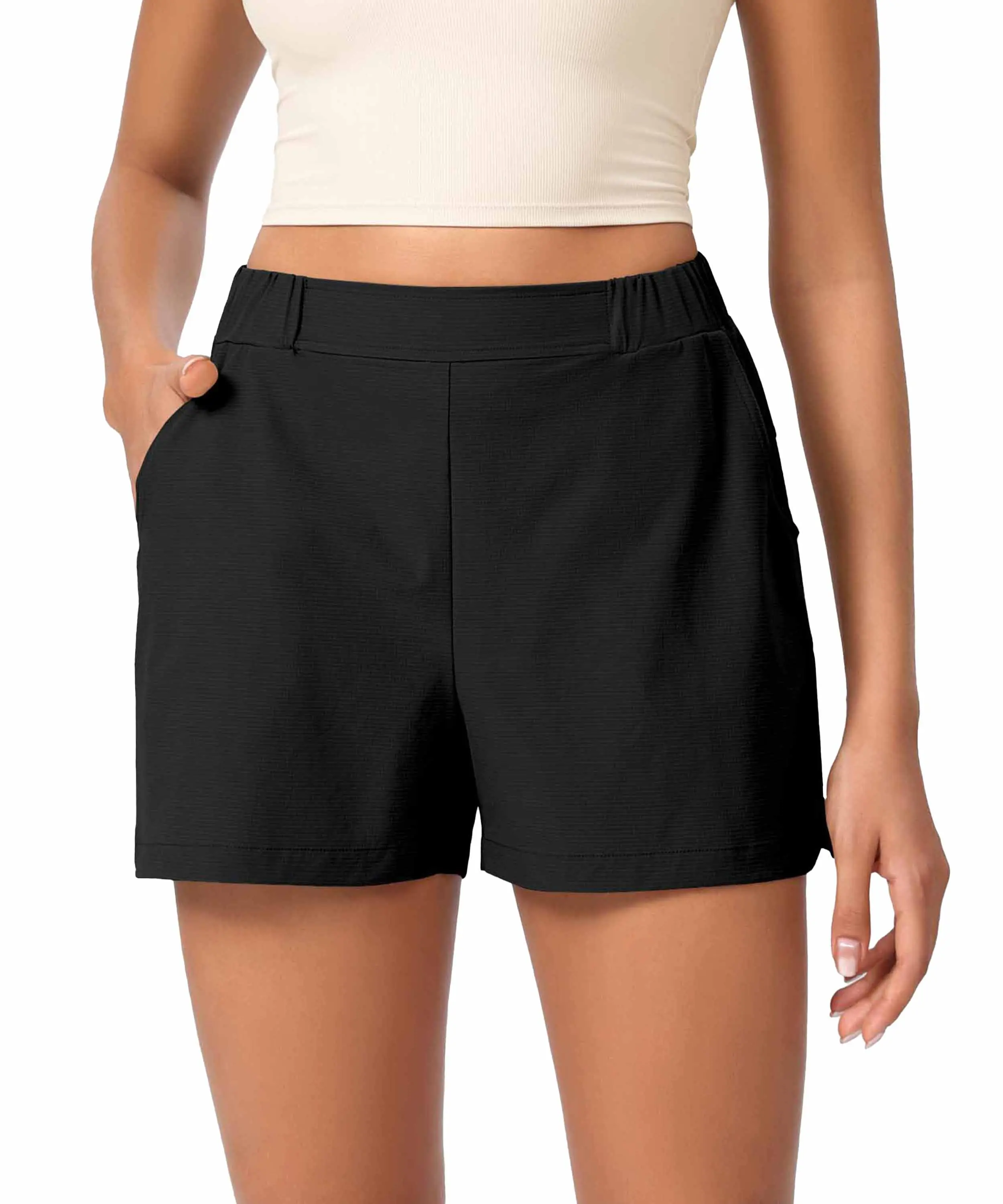 ODODOS Women's Stretch Woven Relaxed Fit High Rise Shorts - Elastic Band High Waist, Lightweight Summer Casual Wear Bottom with Pockets, Lady, Basic, Minimalist, Relaxed Wear, Bottom Shorts, Above Knee, Pull On